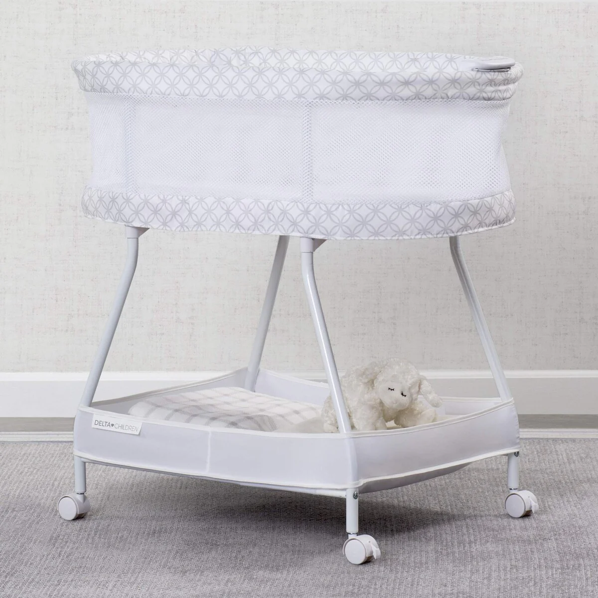 Sweet Dreams Bassinet with Airflow Mesh Bedside Portable Crib with Vibration Lights and Music, Grey Infinity