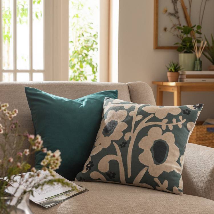 Habitat Floral Botanical Printed Cushion - Blue - 43x43cm