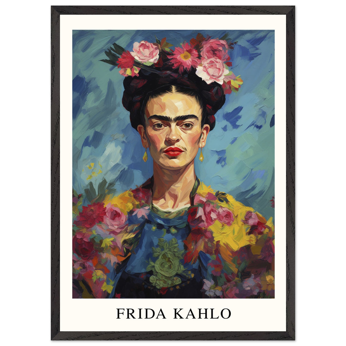 Artfulprints Poster met Lijst Frida Kahlo - Painted floral portrait  - 50x70 cm - Meerkleurig
