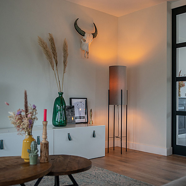 Lampadaire moderne noir avec abat-jour en velours gris - Rich