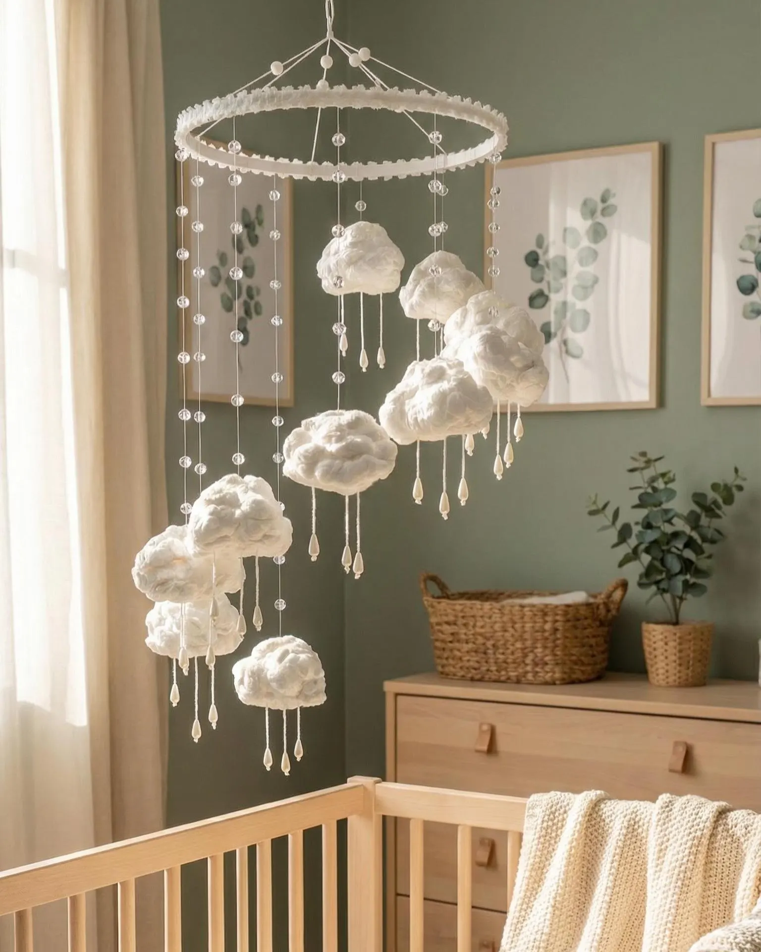White Сloud Rain Baby Mobile with Crystal Drop Beads: Neutral Scandinavian Nursery Crib Decor