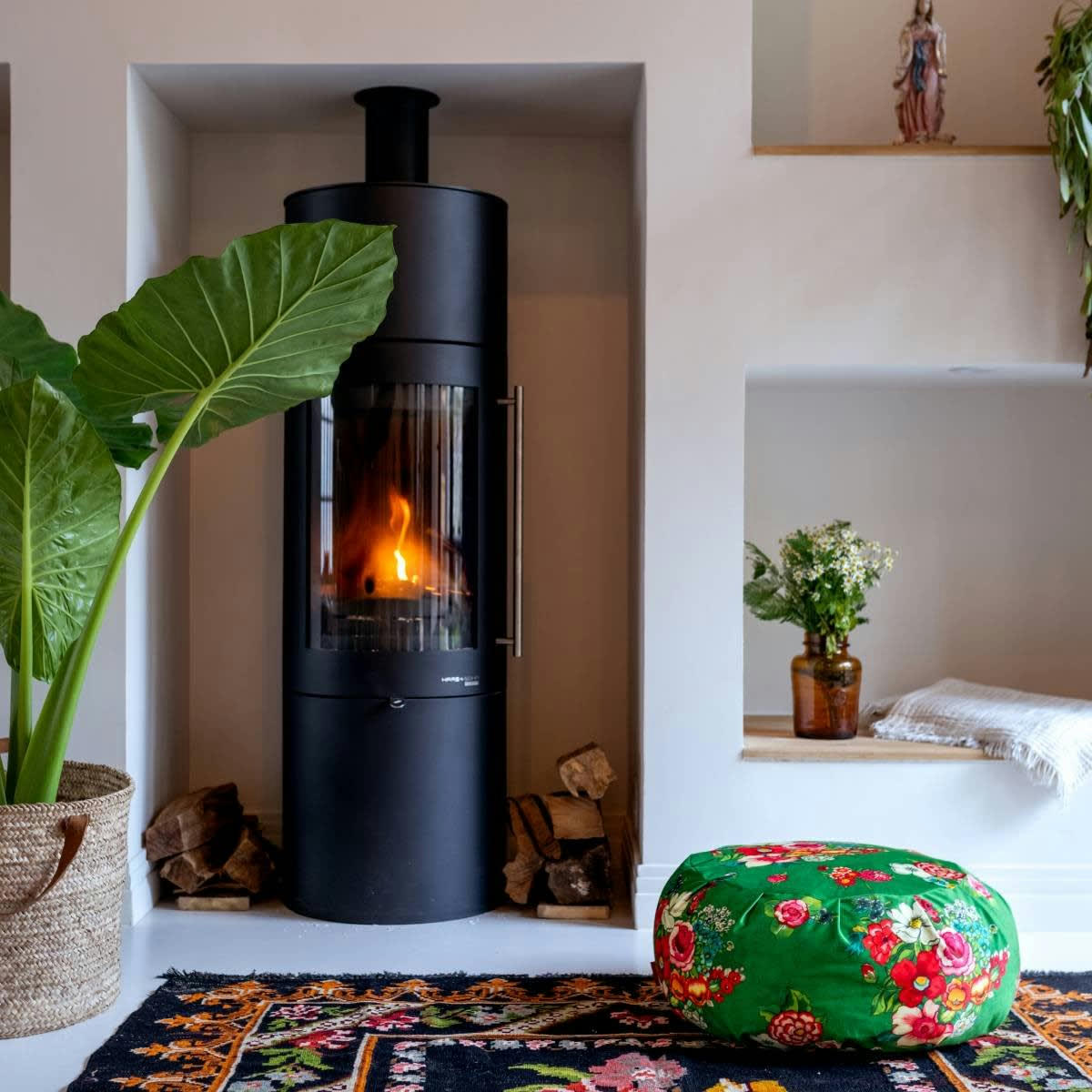 - Grand pouf rond en velours imprimé fleuri vert h. 25cm