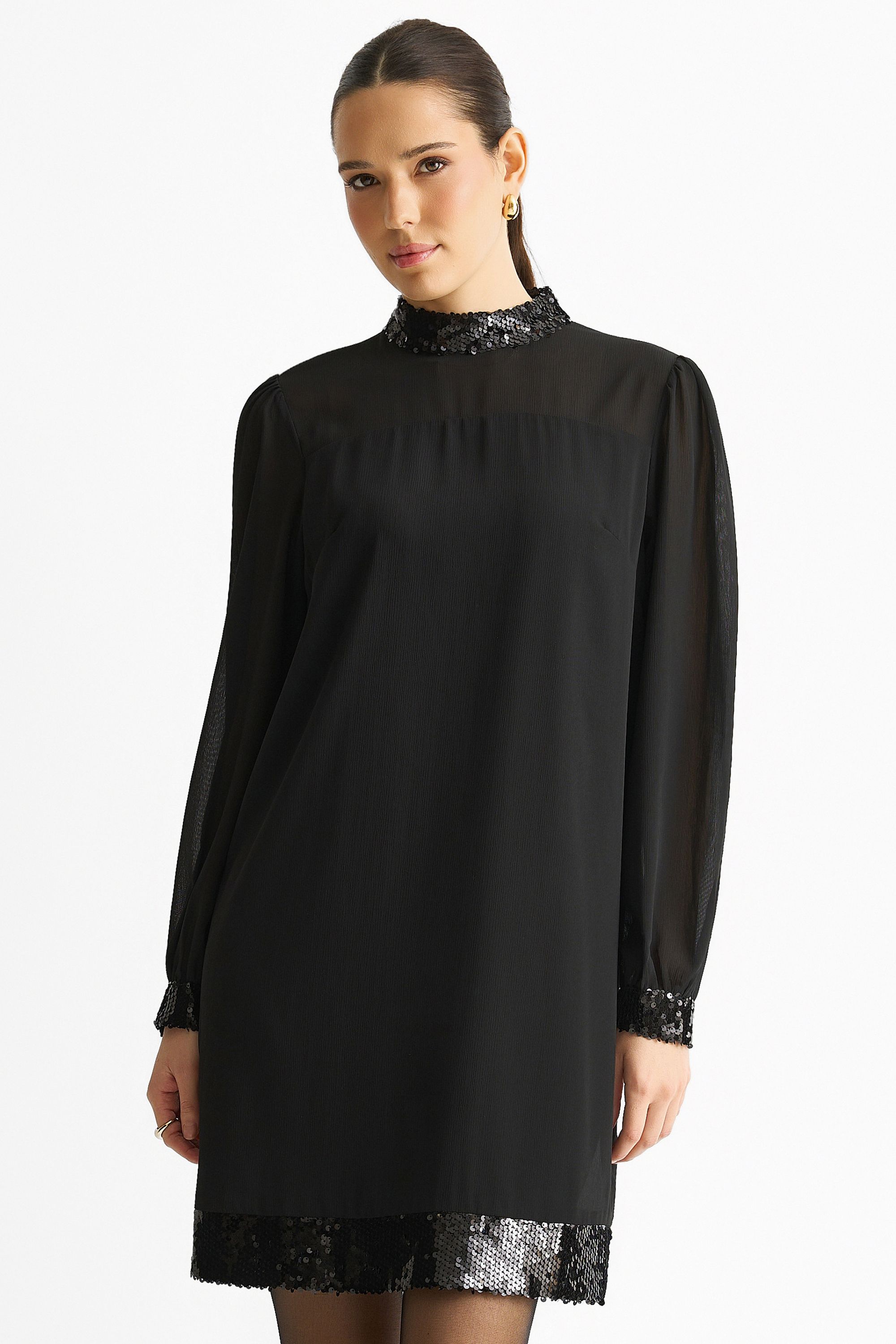 Gini London Black Sequin Trim High Neck Belted Mini Dress