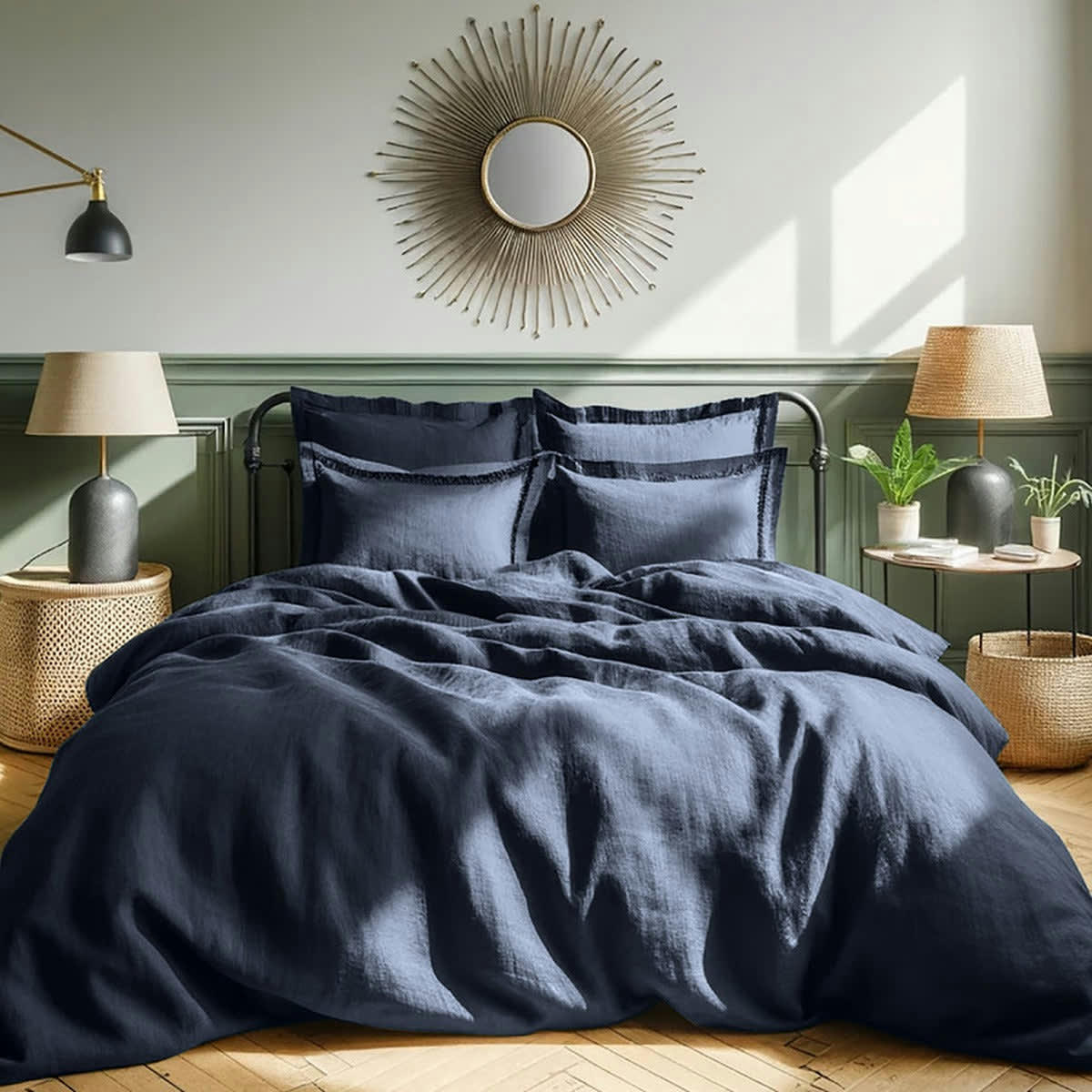 HORTENSE - Drap housse lin lavé  180x200x40 bleu nuit