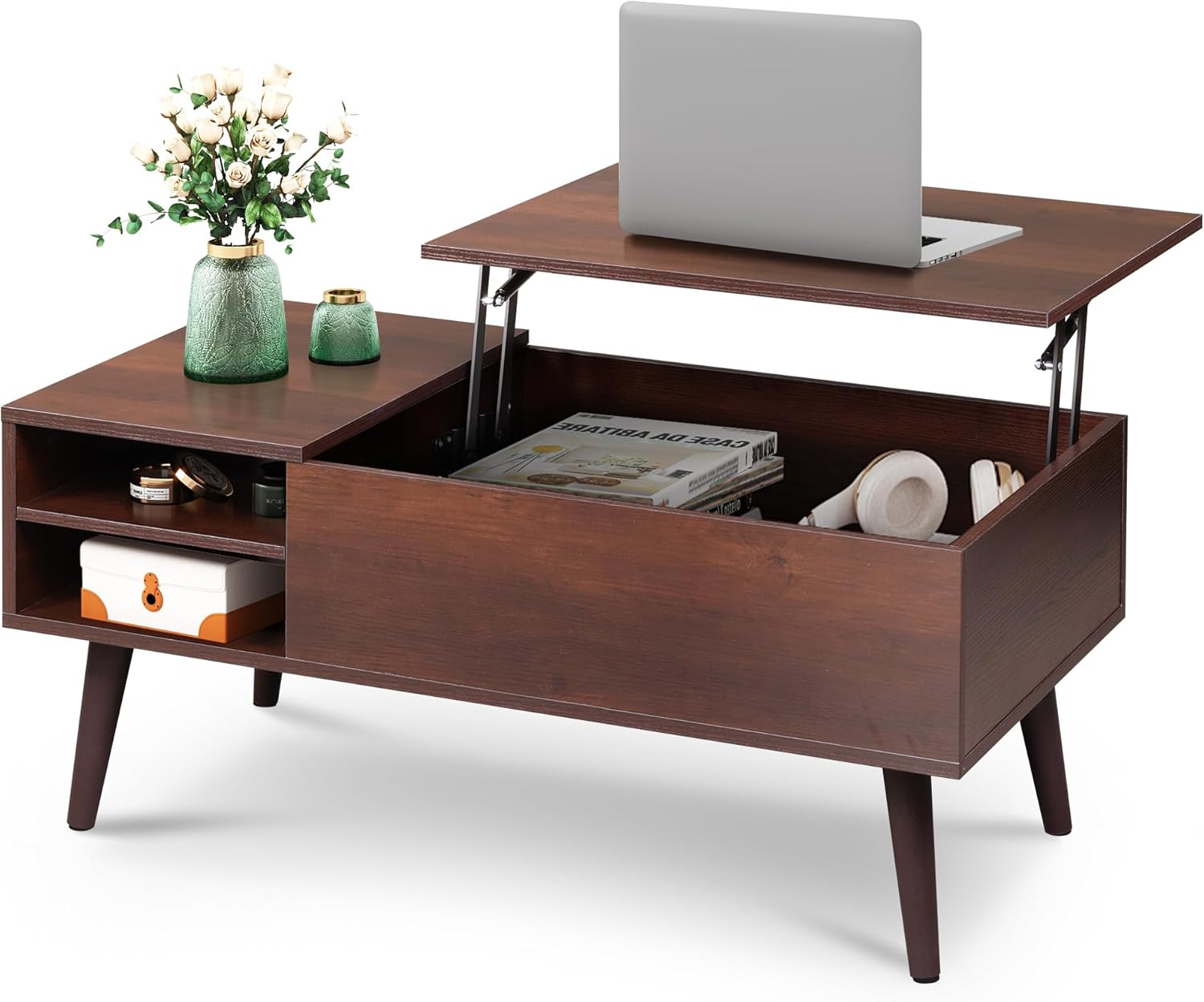 WLIVE Lift Top Coffee Table for Living Room,Small Coffee Table with Storage,Hidden Compartment and Adjustable Shelf,Mid Century Modern, Wood,Cherry,Espresso.