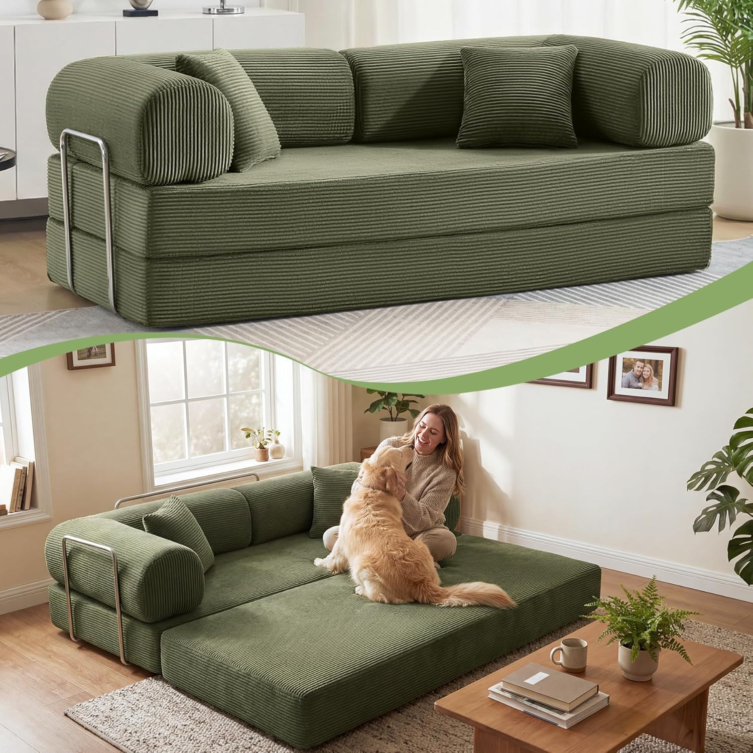 Sofa Bed, 79 Convertible Sleeper Sofa with Pull Out Bed, 5-in-1 Folding Corduroy Futon Couch, Modular Loveseat Sofa Bed for Living Room, Bedroom & Apartment, Green