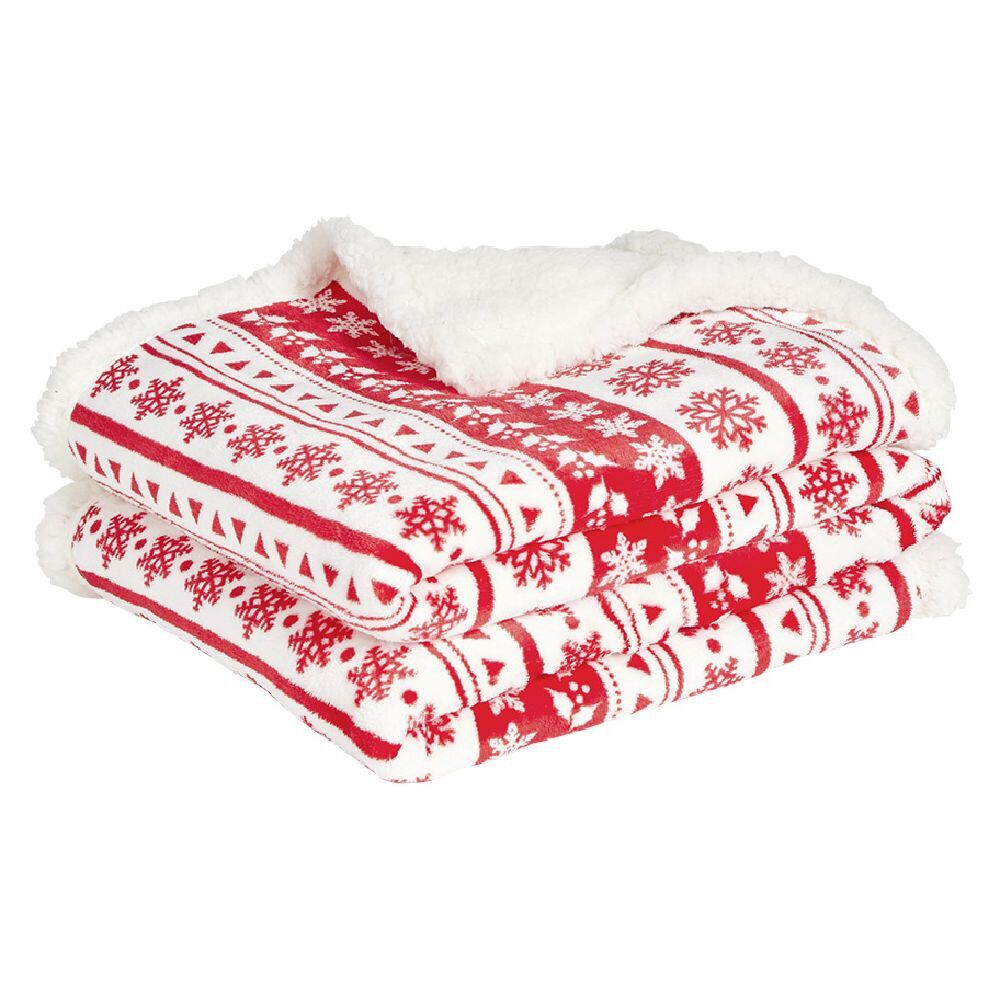 Plaid imprimé flocon No&euml;l rouge blanc dos sherpa 120x150cm