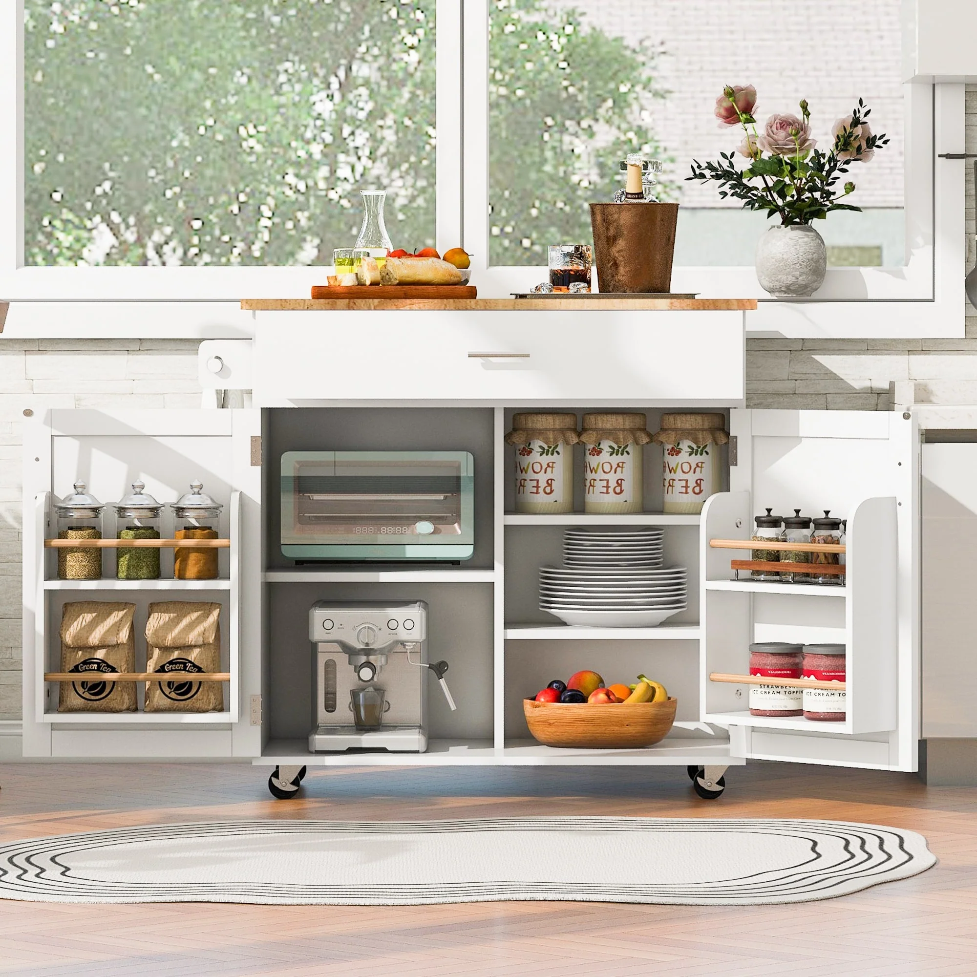 Roomfitters Rolling Kitchen Island with Storage, Kitchen Cart with Rubber Wood Top, Spacious Drawer with Divider