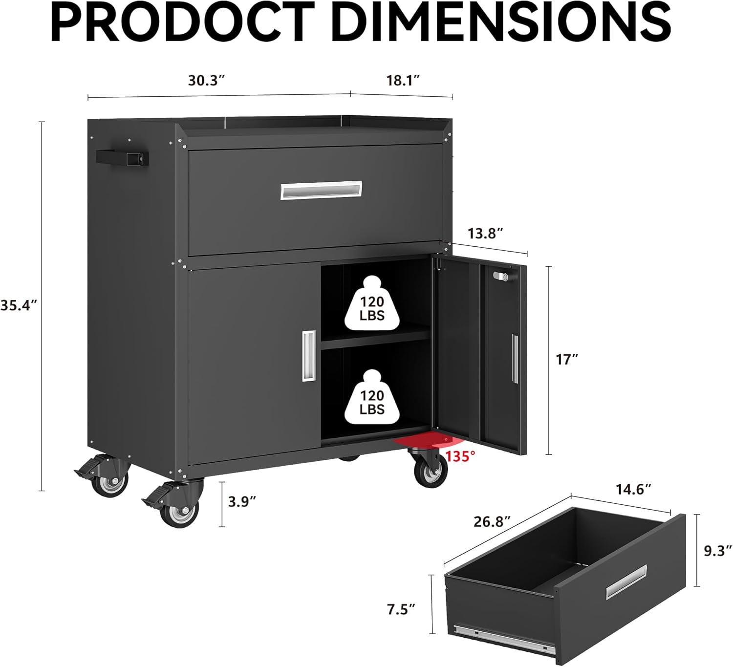 COFaR Rolling Tool Cabinet, 1-Drawer & 2-Door Metal Storage Cabinet with Adjustable Shelf, Lockable Wheels & Locking Doors, 35 H Heavy Duty Garage Tool Chest for Workshop, Garage, Office - Black