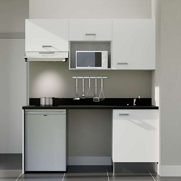 Kitchenette K55 - 180 cm - façades Blanc - Plan monobloc en quartz coloris Nero évier à droite - Electroménager Inox