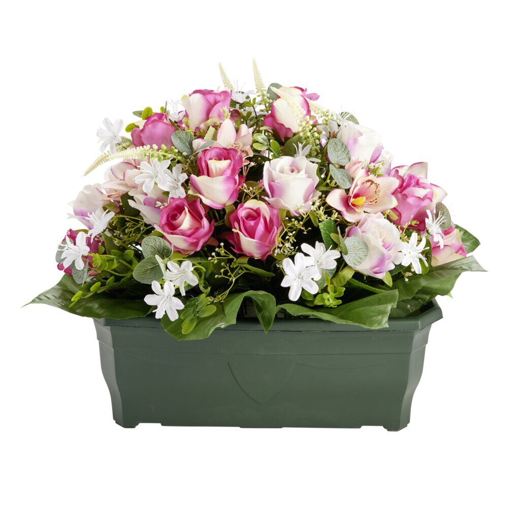 Composition florale artificielle rose orchidée bruyère jardinière L50xH42cm