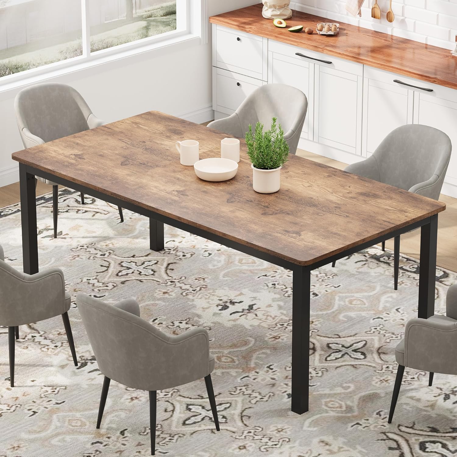 71 Inch Industrial Dining Table, Large Rectangle Kitchen Table with Metal Legs, Round Corners, Wooden Conference Tables Writing Desk for Dining Room, Living Room, Retro Brown
