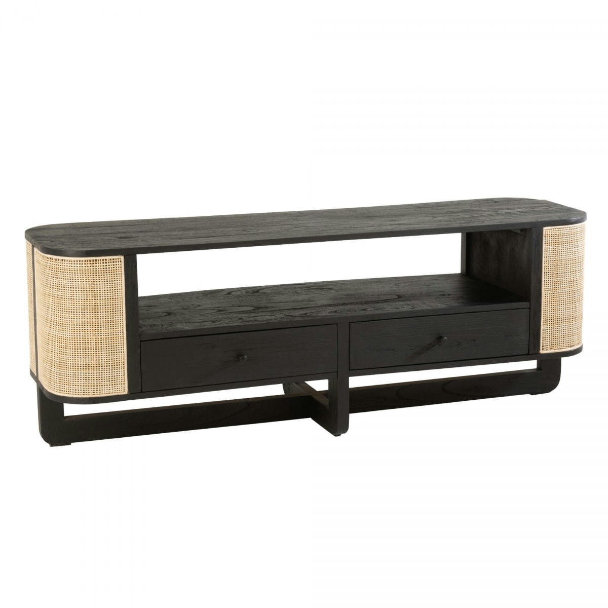 DAISY - Meuble TV design en rotin et bois noir
