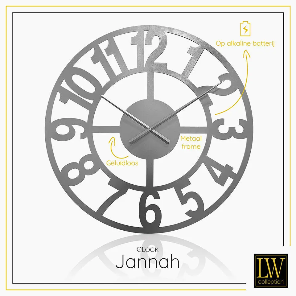 LW Collection Wandklok Jannah zilver 60cm
