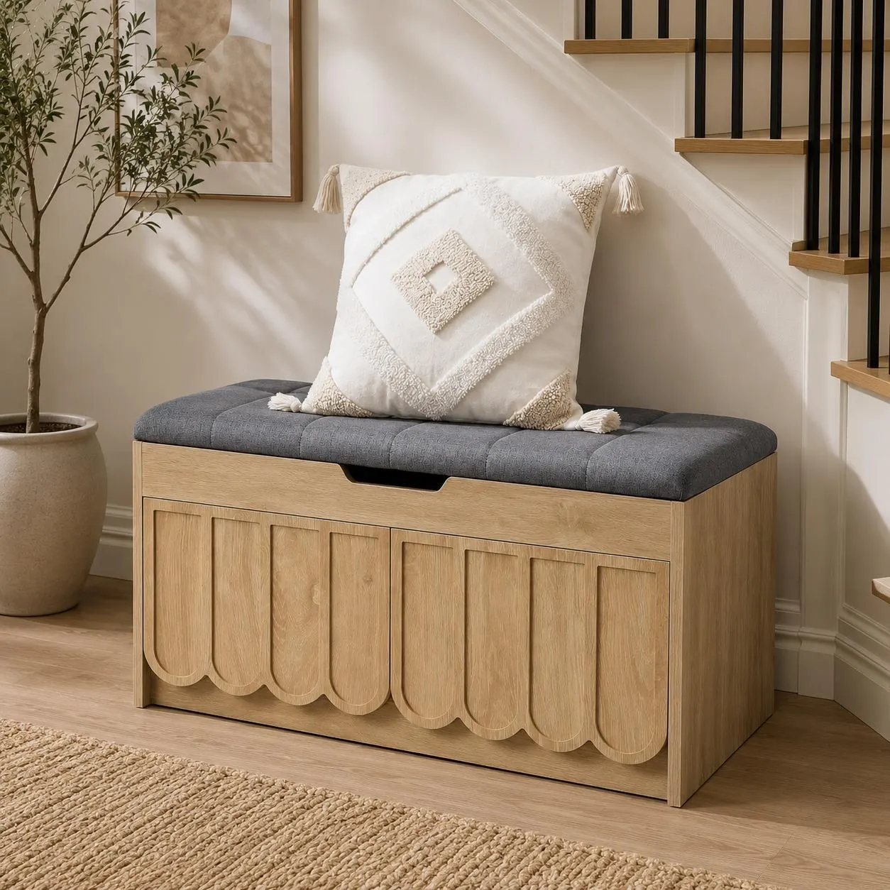 Shoe Storage Bench with Cushion, Scalloped Shoe Cabinet, Entryway Bench with 2 Doors, 2-Tier Shoe Rack Organizer, Hallway Storage