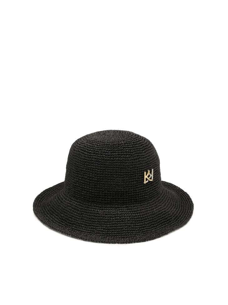 Black straw hat with monogram