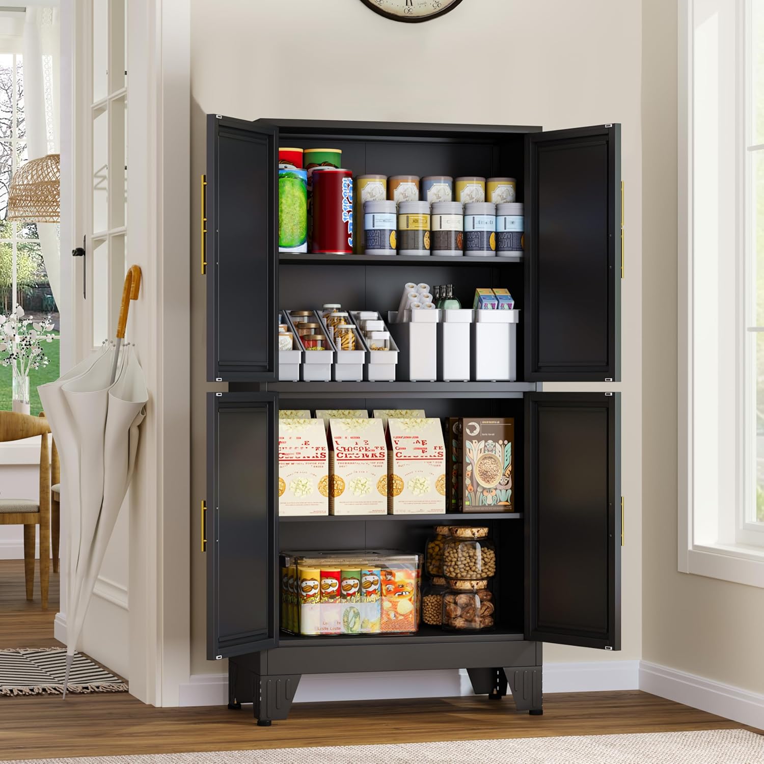 GAIOUS 47.25 Metal Storage Cabinet, Black Kitchen Food Storage with 4 Door and 2 Adjustable Shelves, Freestanding Bathroom Cabinet, Pantry for Kitchen Dinning Room, Cupboard