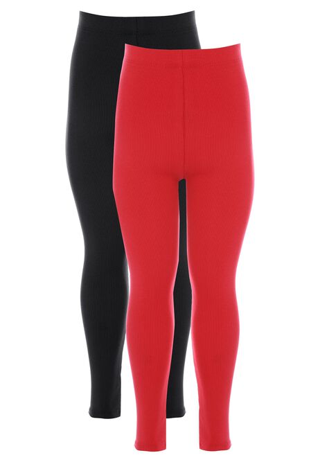 Younger Girls 2pk Red & Black Ribbed Leggings