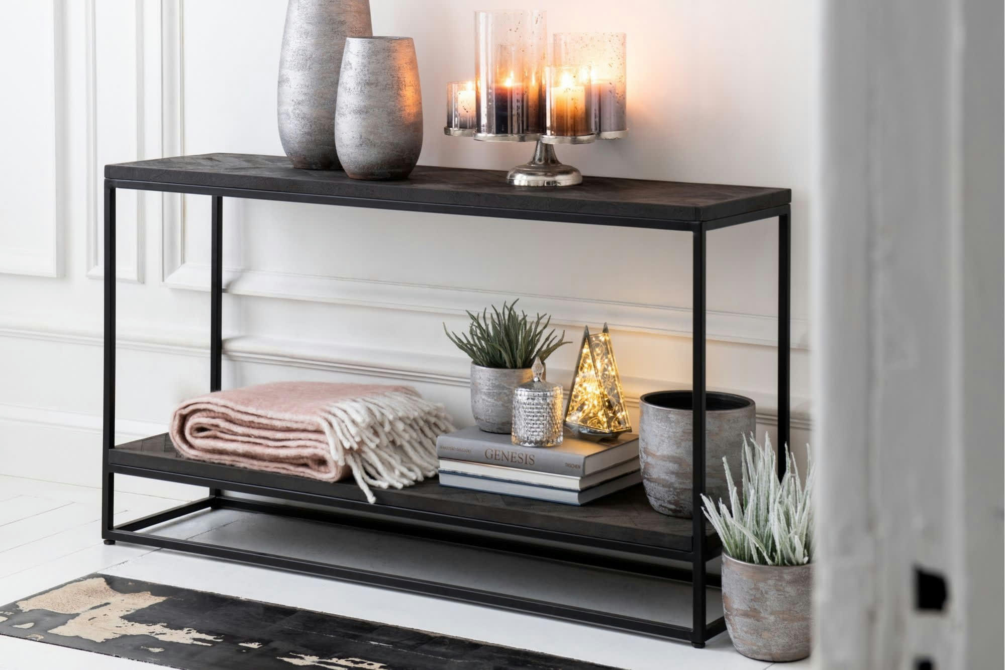 CAIA - Console à double plateau en bois de manguier noir et métal L160