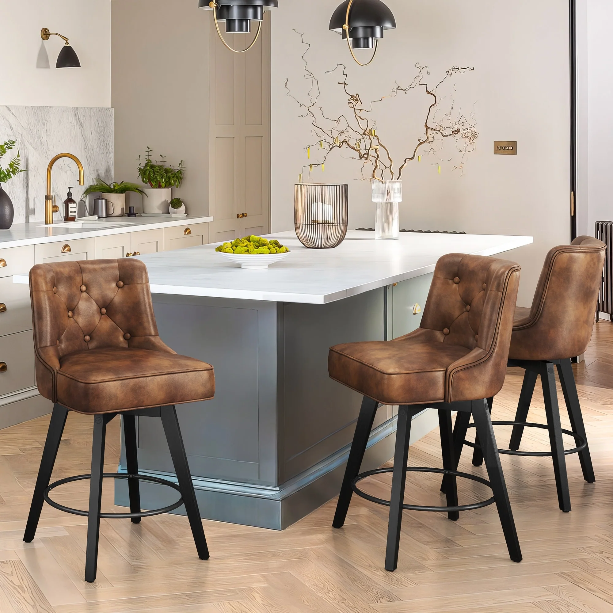 Modern 26 in. Counter Height Stool Upholstered Set of 3 Free Swivel Bar Stools with Back