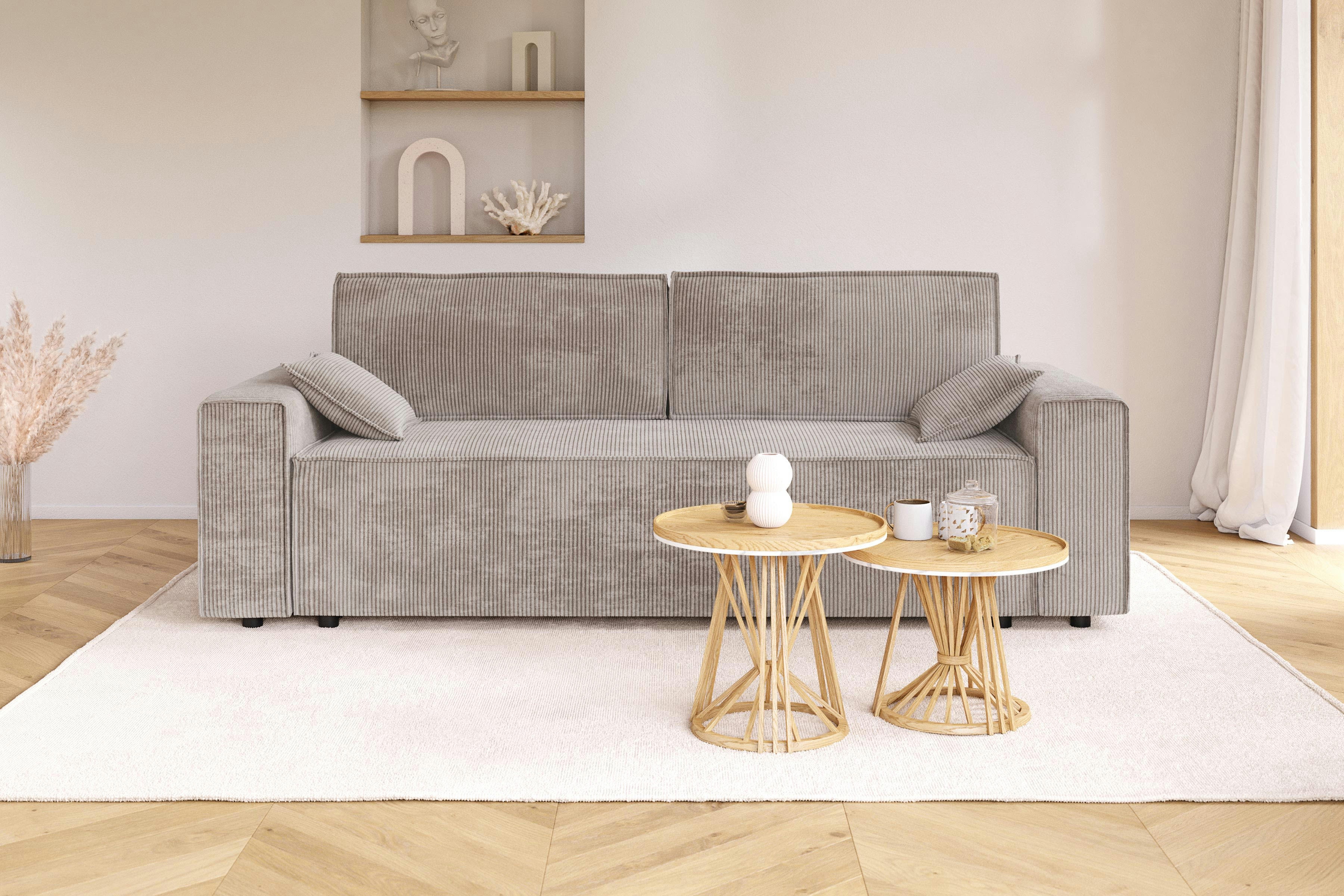 MARIUS - Canapé droit convertible en velours côtelé 3 places grège