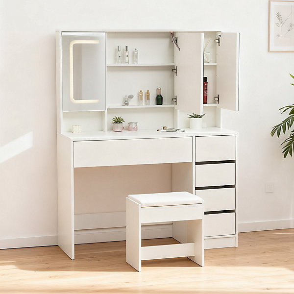 Coiffeuse avec Miroir LED 3 couleurs, Grand format, 5 Tiroirs et Rangement intégré Derrière le Miroir 110CM Blanc