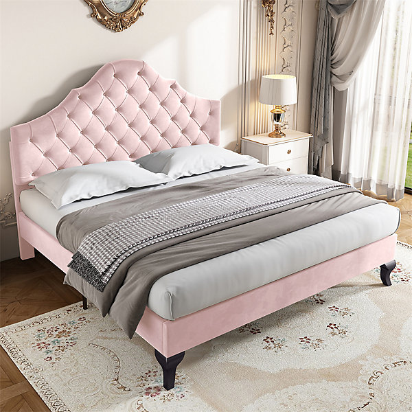 Lit adulte lit 140x200 cm lit rembourré avec sommier à lattes lit double velours rose