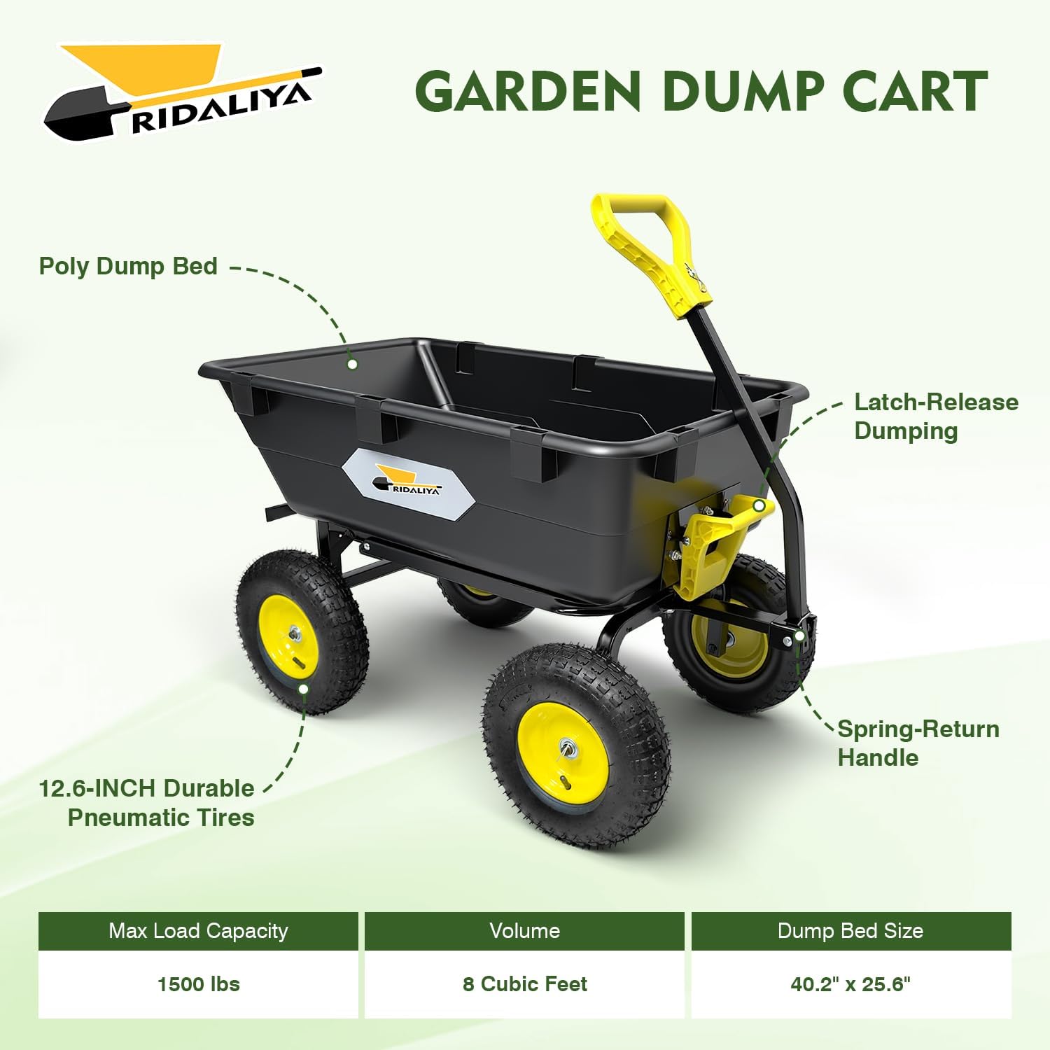Garden Dump Cart  Heavy-Duty Utility Wagon with 1200 lbs Capacity  6 Cu Ft Bed  12.6 Pneumatic Tires  180° Pivot Steering for Yard  Lawn  and Beach Use