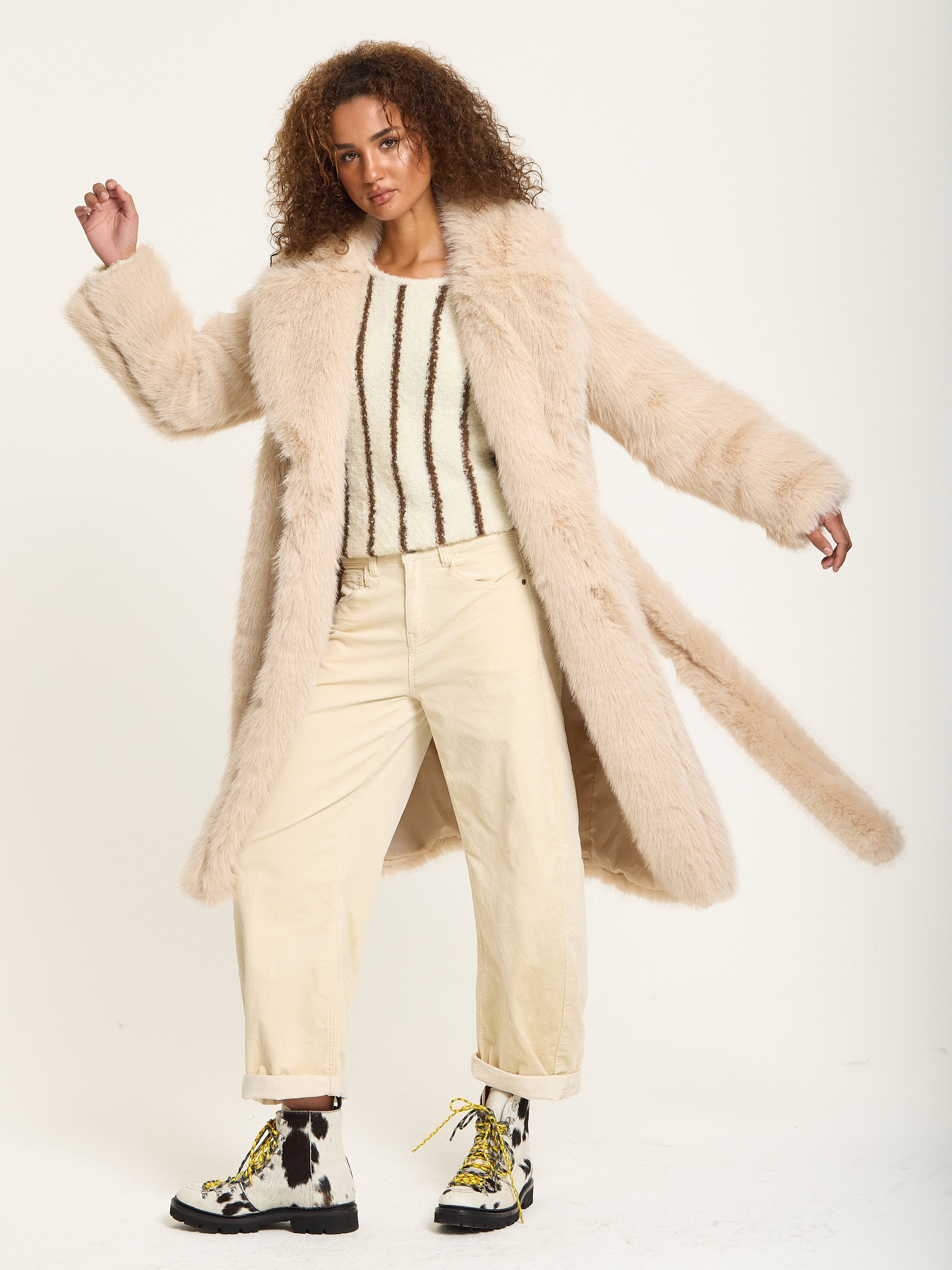 House of Holland Cream Long Faux Fur Coat