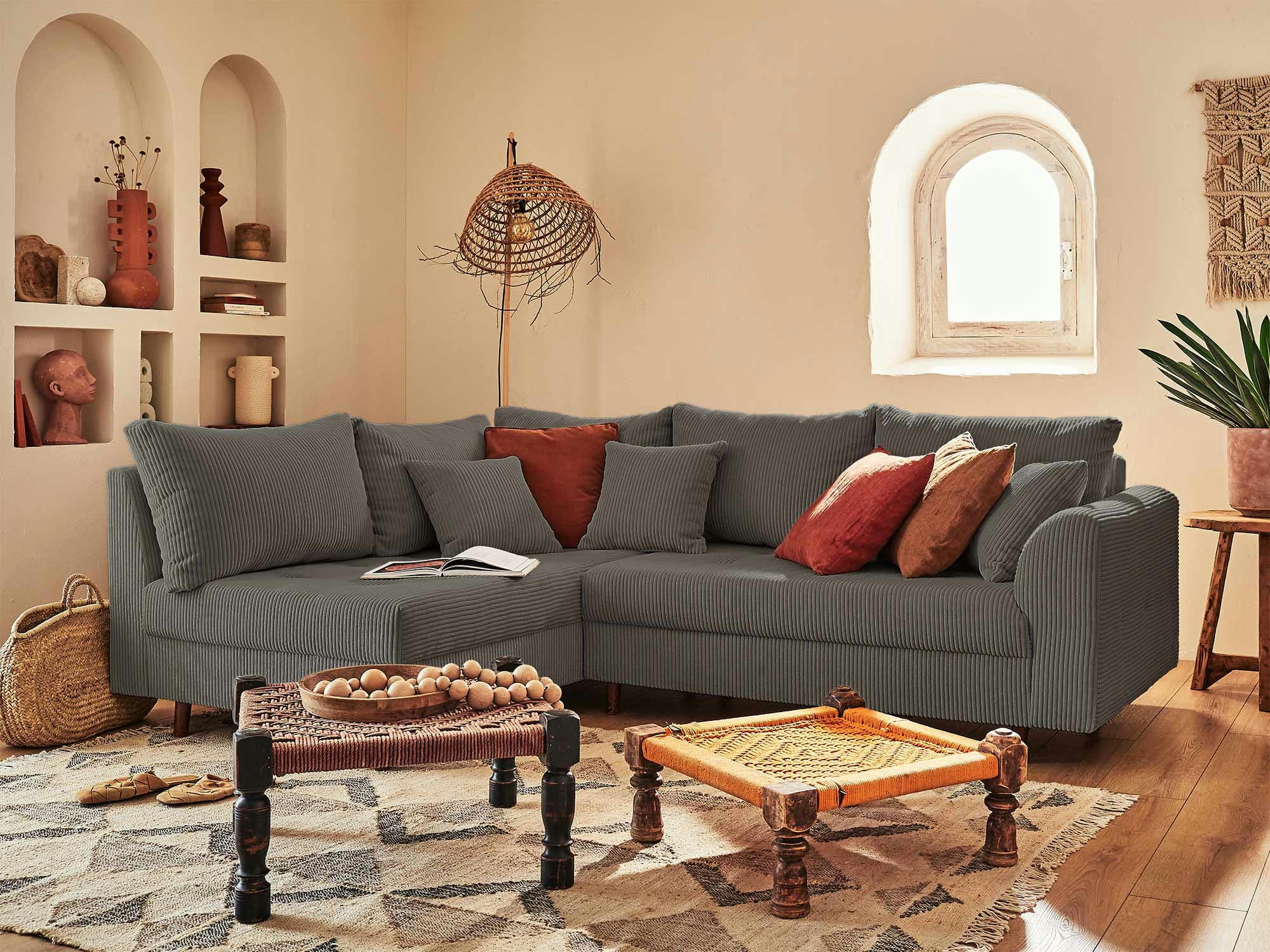 RUNE - Canapé d'angle gauche 4 places en velours côtelé gris foncé