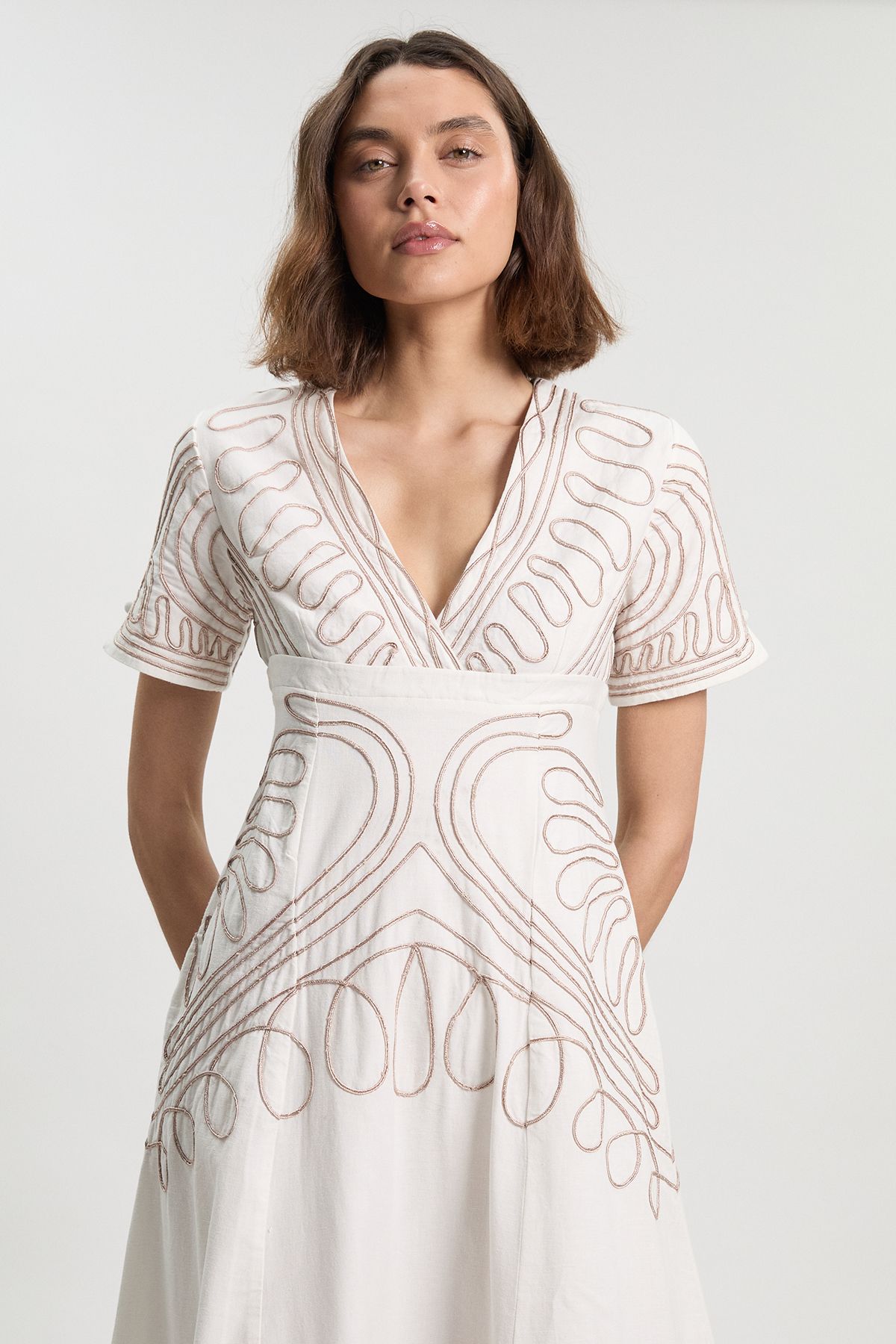 KarenMillen Cotton Linen Cornelli Embroidery Open Back Woven Midi Dress