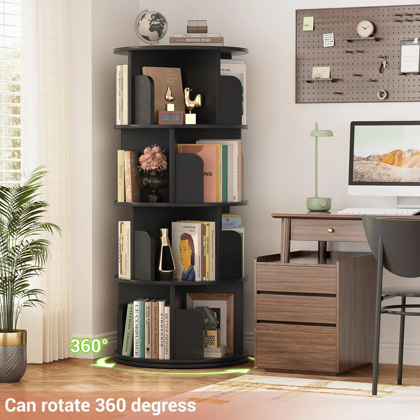 4/5 Tiers Round Rotating Bookcase, Revolving Floor Standing Bookshelf Corner Organizer Display