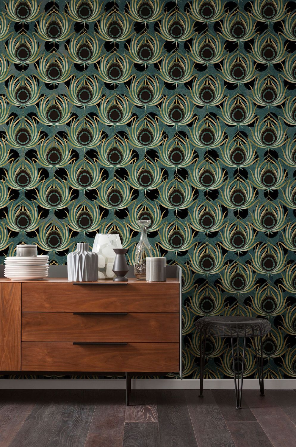 Sanders & Sanders fotobehang pauwenveren groen en blauw - 200 x 280 cm - 611835