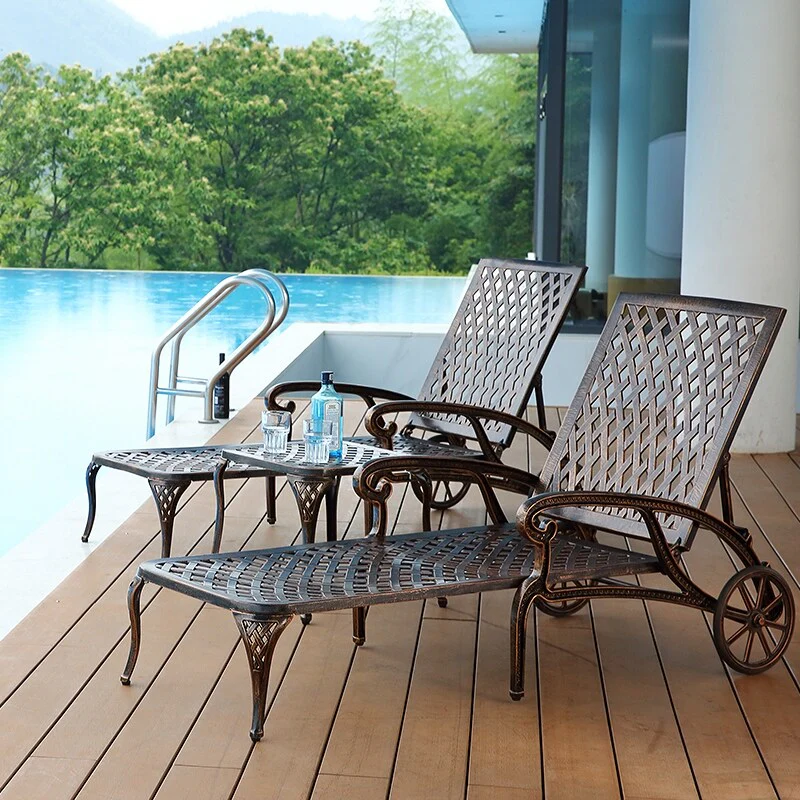 2 Pcs Waterproof Outdoor Lounge Chair with Rolling Wheels & Cross Weave, Rustproof Patio Chair with Adjustable Backrest