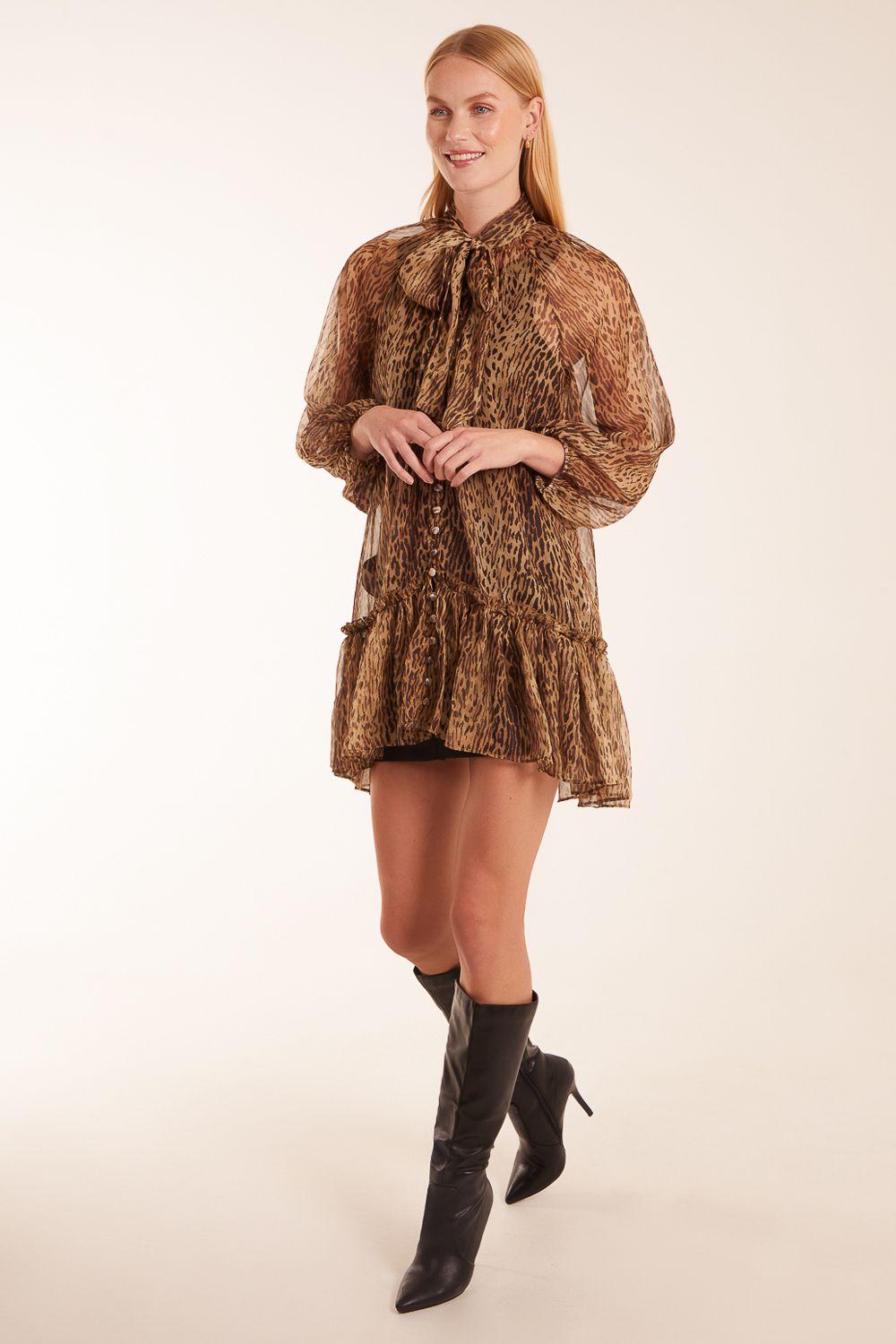Blue Vanilla Leopard Print Pussy Bow Frill Shirt Dress