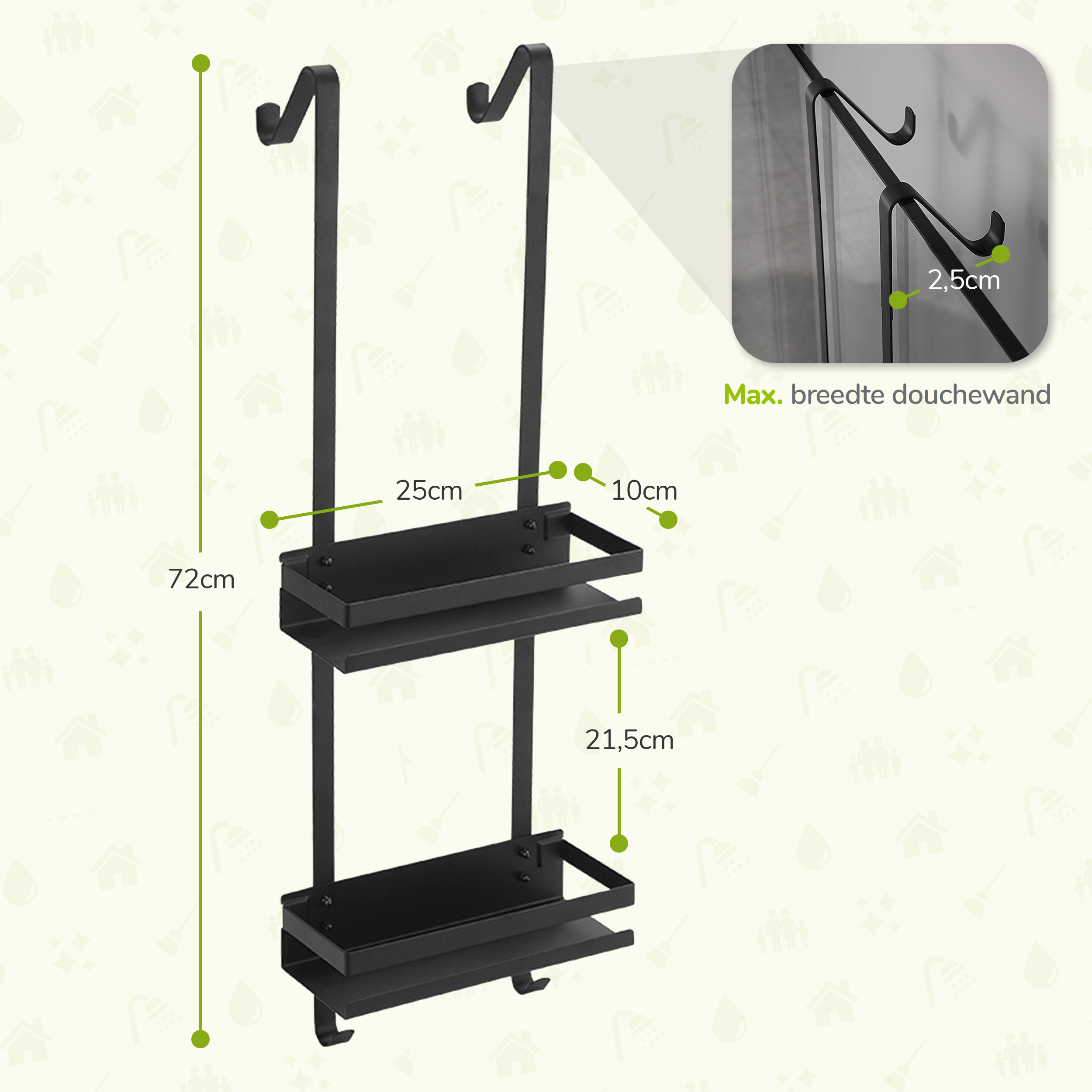 XIVADA Doucherek Zica - Met ophanghaken - Rvs - 2 Laags - Zwart