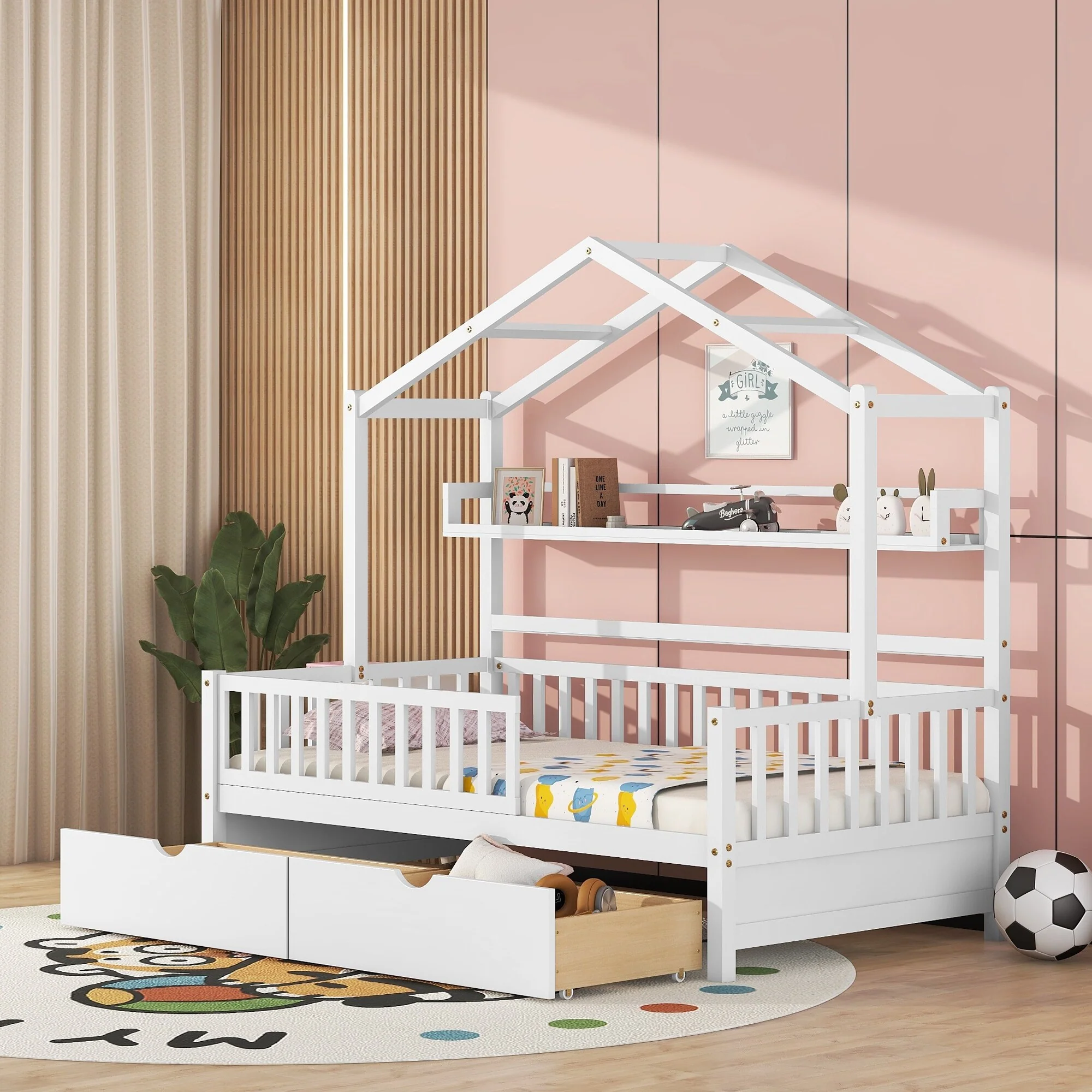 Wooden Twin Size House Bed with 2 Drawers and Shelf, Playhouse Design