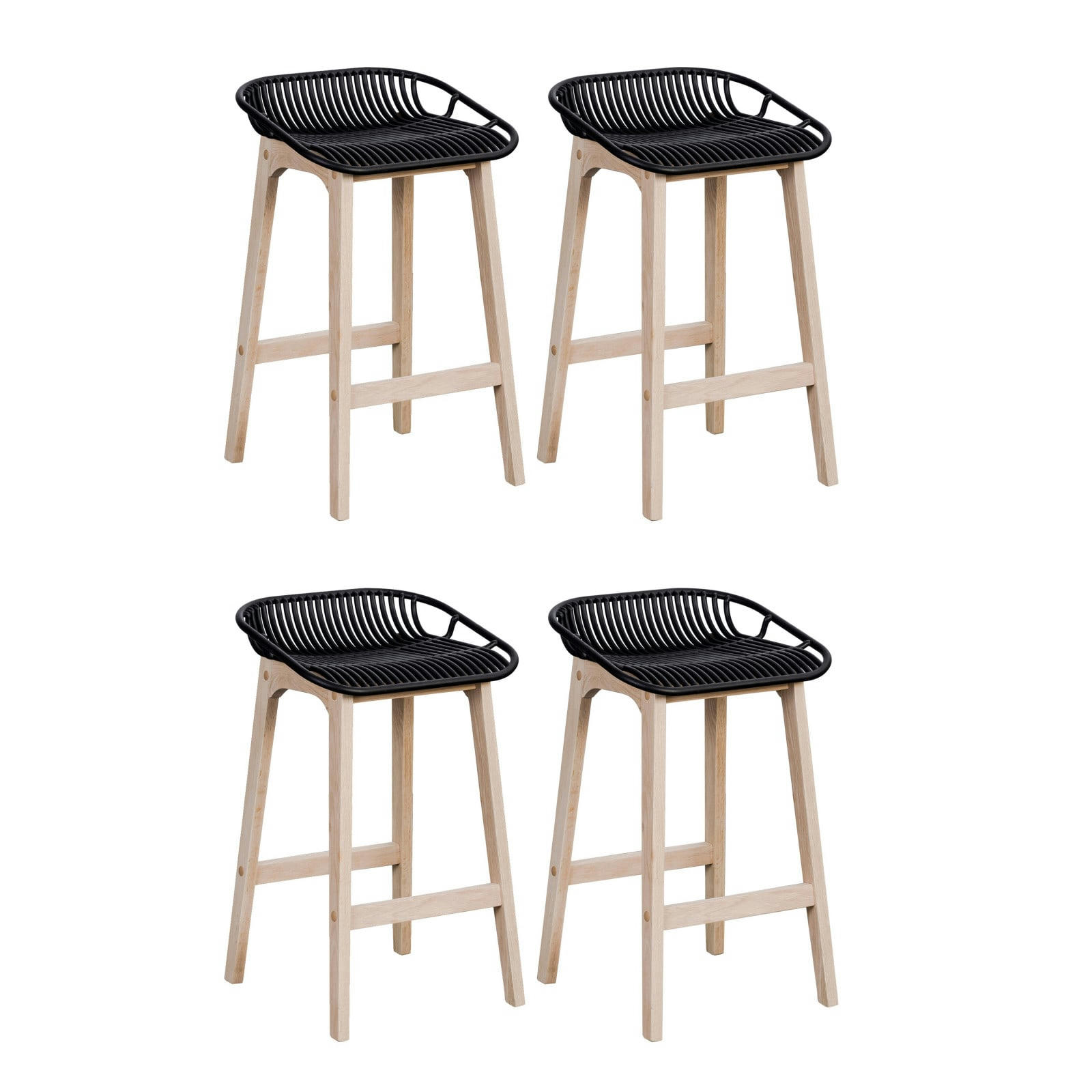 MALMO - Tabourets d'ilot 65 cm  pieds chêne assise plastique noire - Lot de 4