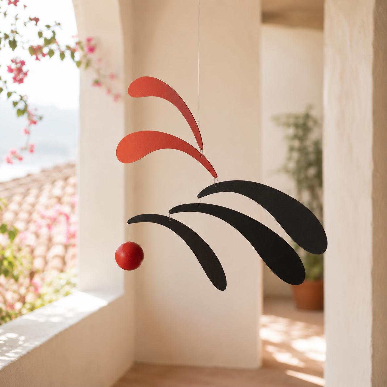 Mondrian Style Kinetic Mobile, Natural Wood Hanging Art, Red Black Abstract Minimalism