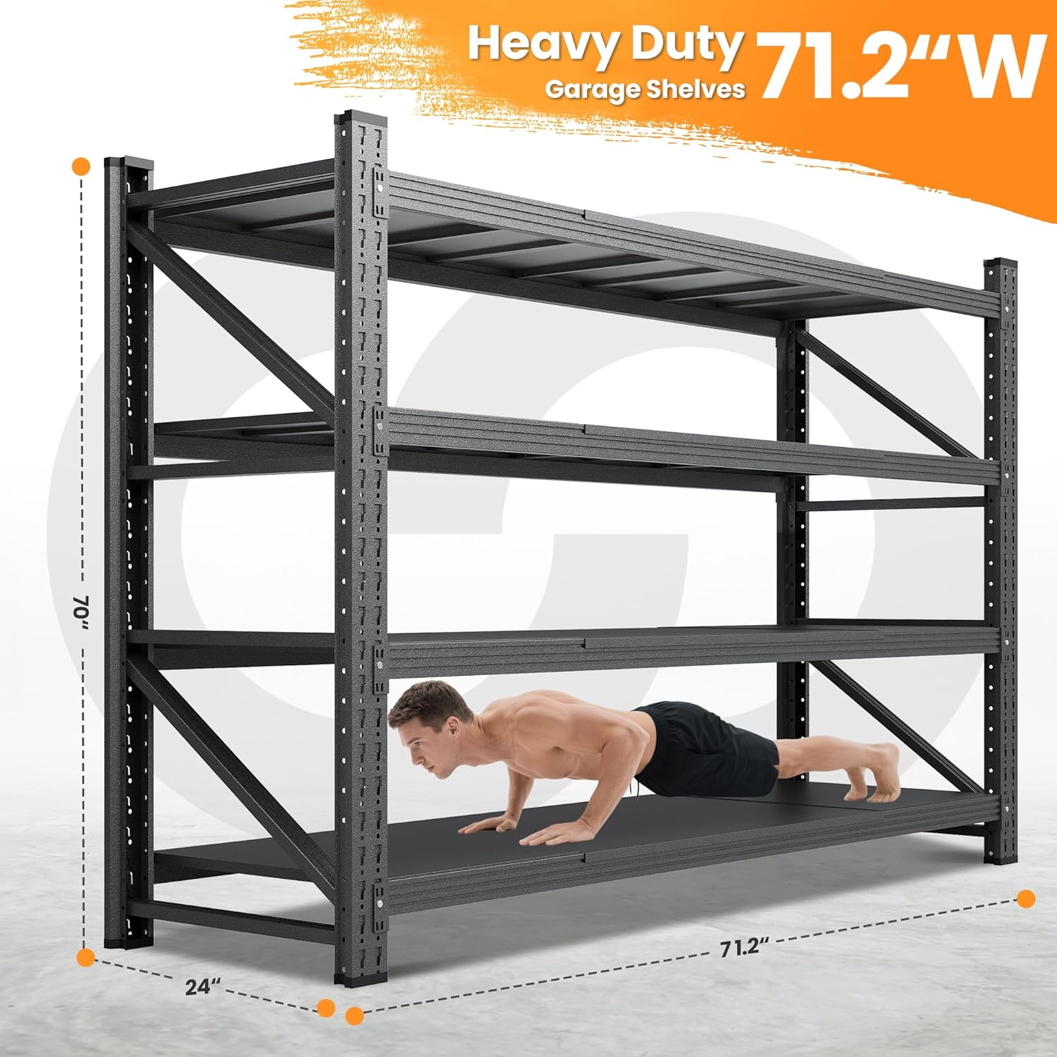 71”W Garage Shelving Units, 5000LBS Storage Shelves Heavy Duty, 24 Deep Metal Shelving Rack, 4 Tier Large Tall Industrial Shelving , Adjustable Standing Shelf for Warehouse / Shop 71W x 24D x 70H