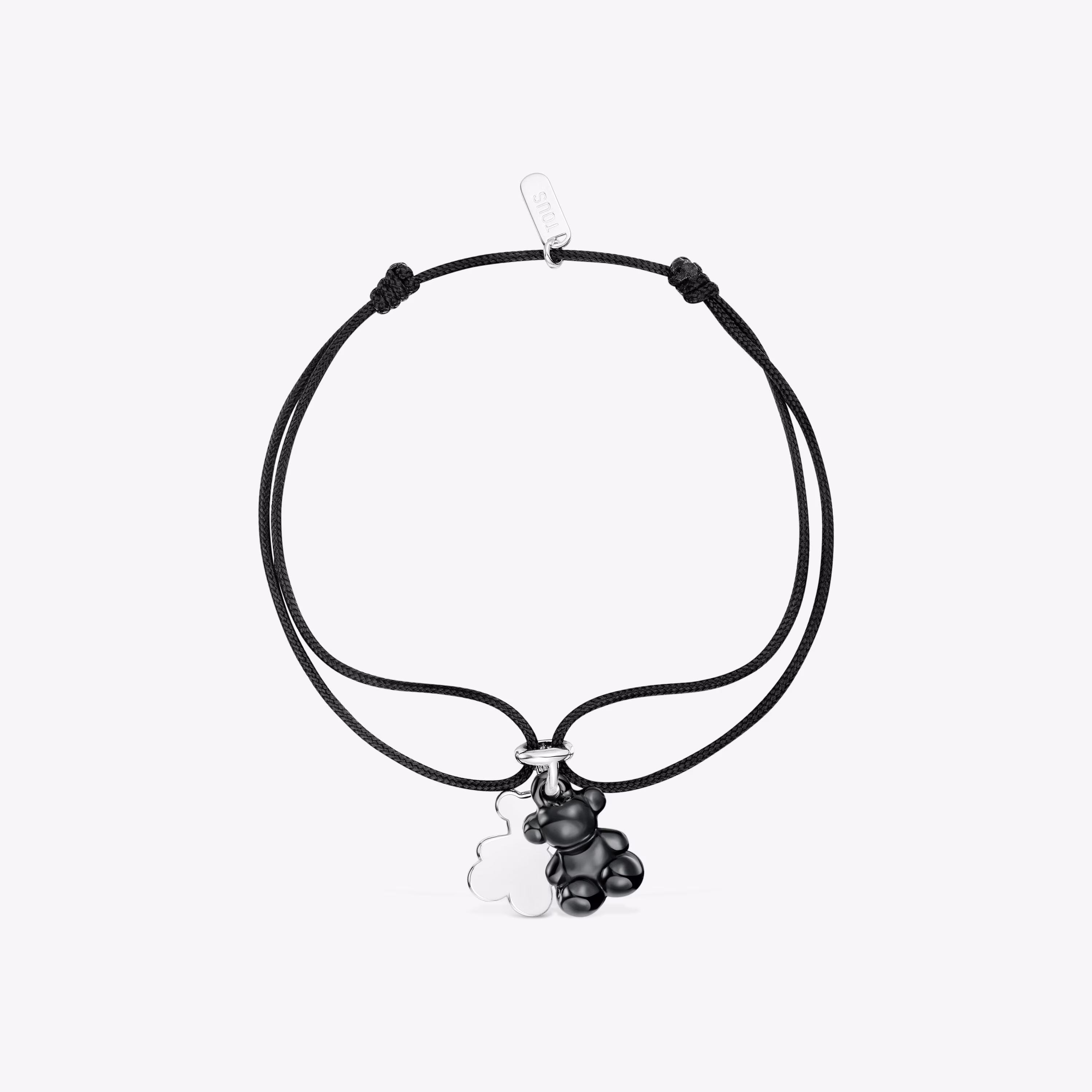 Pulsera doble oso de plata con cerámica negra y nylon negro Bold Bear