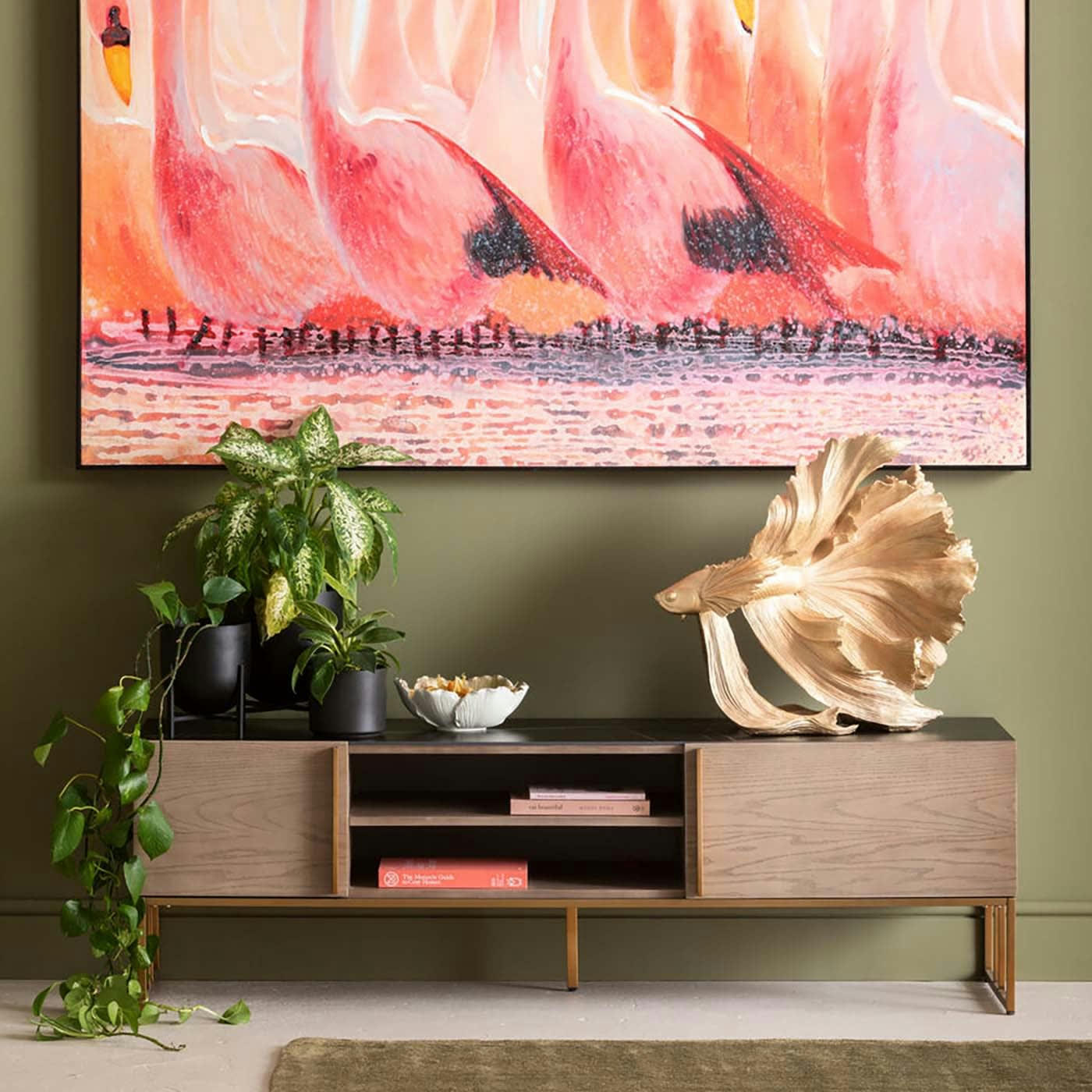 CESARO - Meuble TV 2 portes en frêne massif et céramique noire