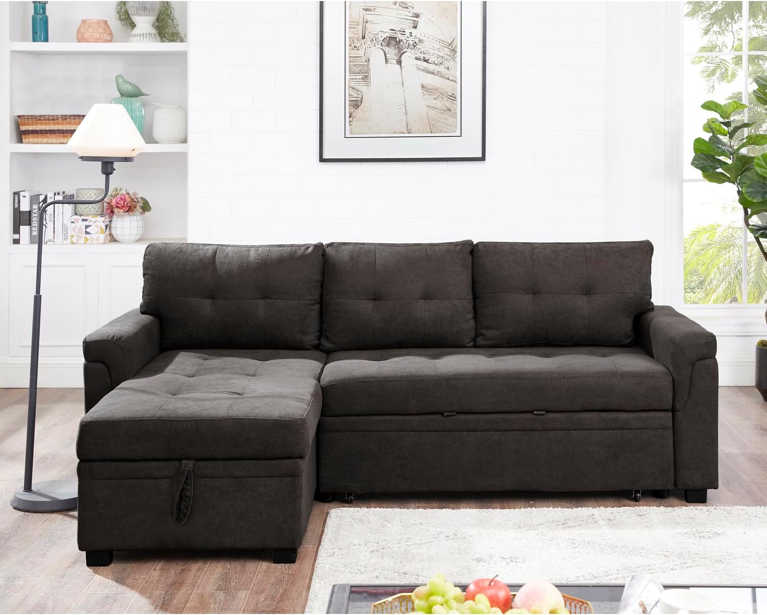 Multifunctional Sectional Sofa with Pull-Out Sleeper Bed & Hidden Storage – Reversible Chaise Espresso,Velvet – Space-Saving, Durable, Stylish & Easy DIY Assembly for Apartments & Small Homes