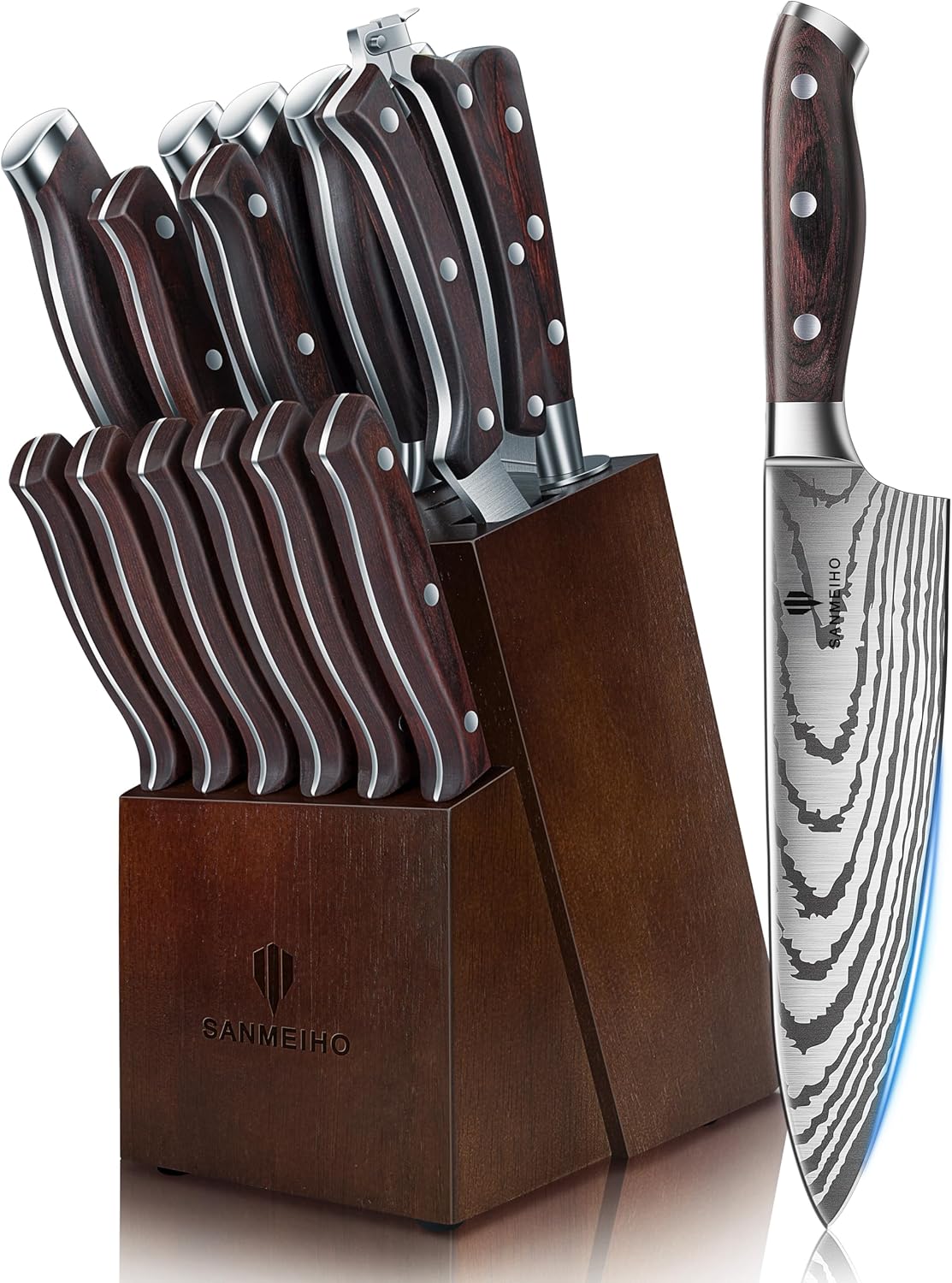 Knife Set 16 pcs, Japanese Kitchen Knife with Block High Carbon Stainless Steel Ultra Sharp Knife for Kitchen, Professional Chef Knife Set with Sharpener