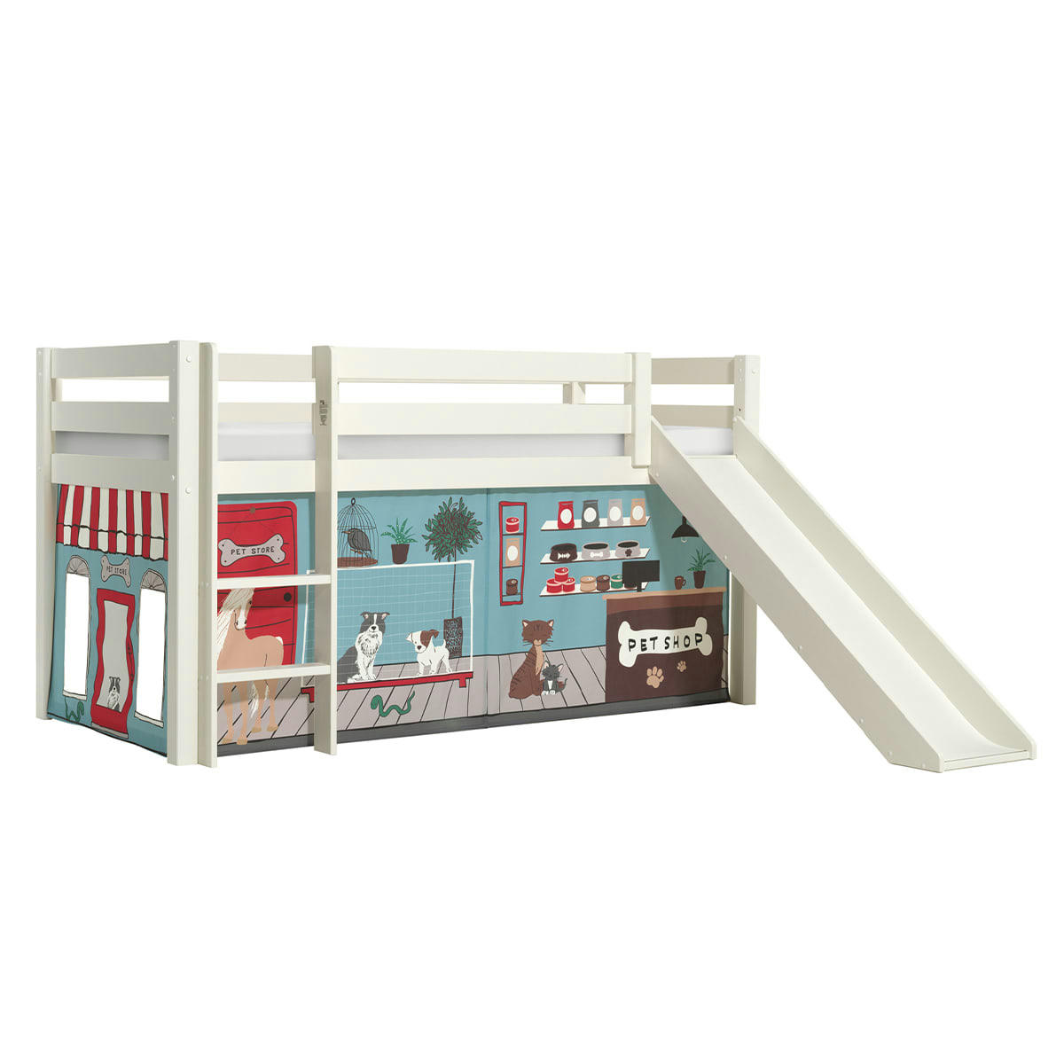 PINO - Lit mi-hauteur 90x200 toboggan sommier inclus housse pet shop blanc