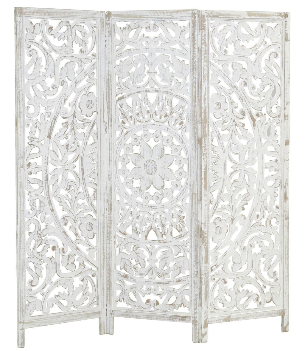 - Paravent en manguier sculpté blanchi