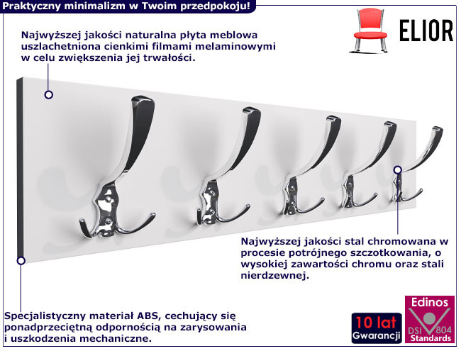 Minimalistyczny wieszak ścienny biel alpejska   chrom - Xyro