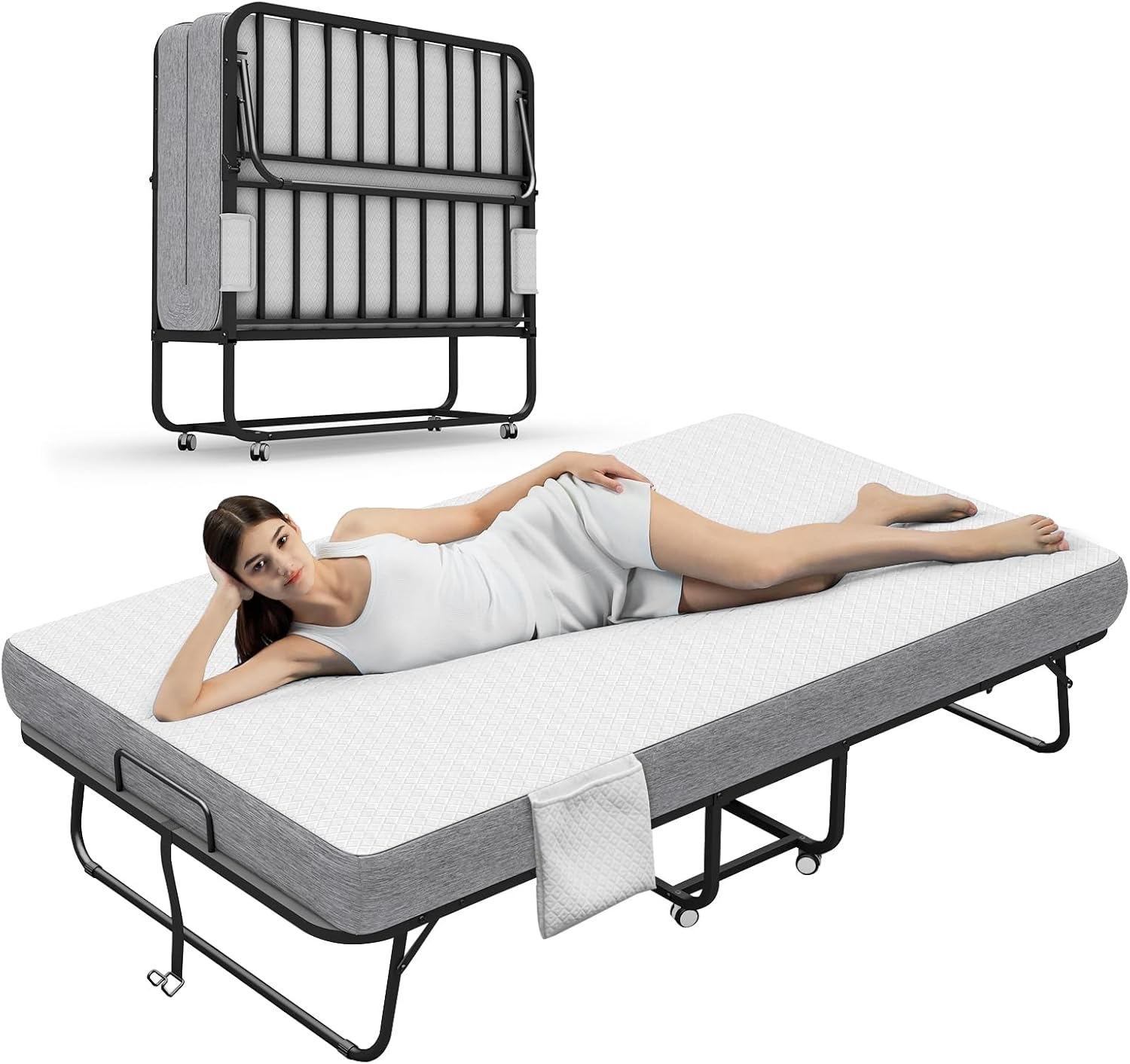 Large Folding Bed with Mattress, 75‘’x46‘’ RollAway Bed for Guest, Extra Wide and Comfortable Sleep