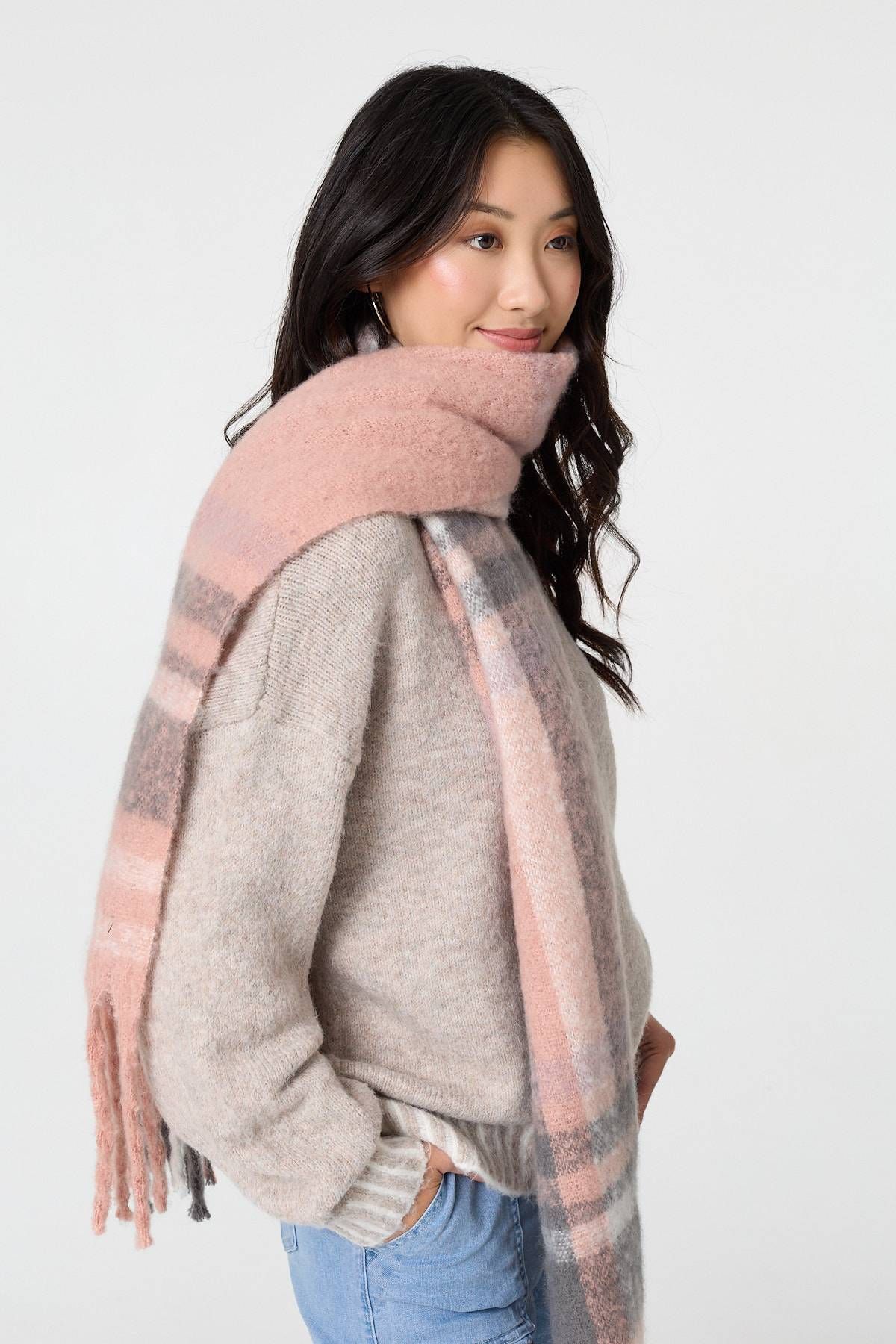 Izabel London Checked Print Fringed Oversize Scarf