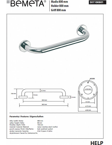 Barre de maintien de douche HELP en acier inoxydable-88x8x10,6cm--